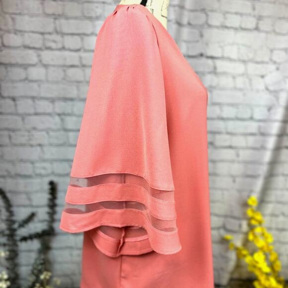 Casual V Neck 3/4 Bell Sleeve Mesh Panel Blouse Coral XL - Picture 3 of 7